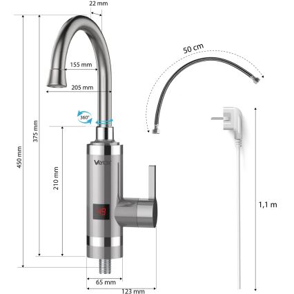 Проточний водонагрівач з LED дисплеєм 3000W/230V IPX4 нержавіюча сталь