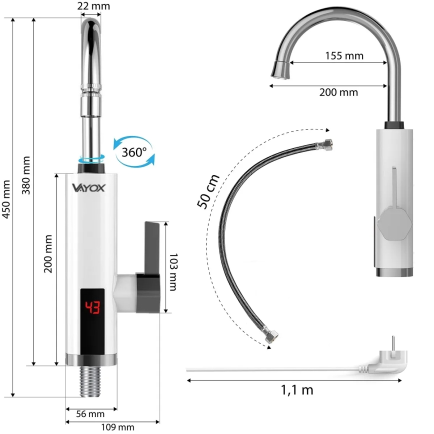 Проточный водонагреватель со светодиодным дисплеем 3000W/230V IPX4 белый