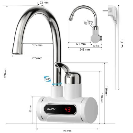 Проточный водонагреватель со светодиодным дисплеем 3000W/230V IPX4 белый