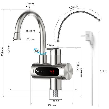 Проточный водонагреватель со светодиодным дисплеем 3000W/230V IPX4 нержавеющая сталь