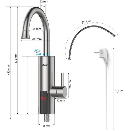 Проточный водонагреватель со светодиодной дисплей 3000W/230V IPX4 нержавеющая сталь