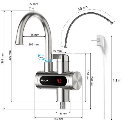 Проточный водонагреватель со светодиодным дисплеем 3000W/230V IPX4 нержавеющая сталь