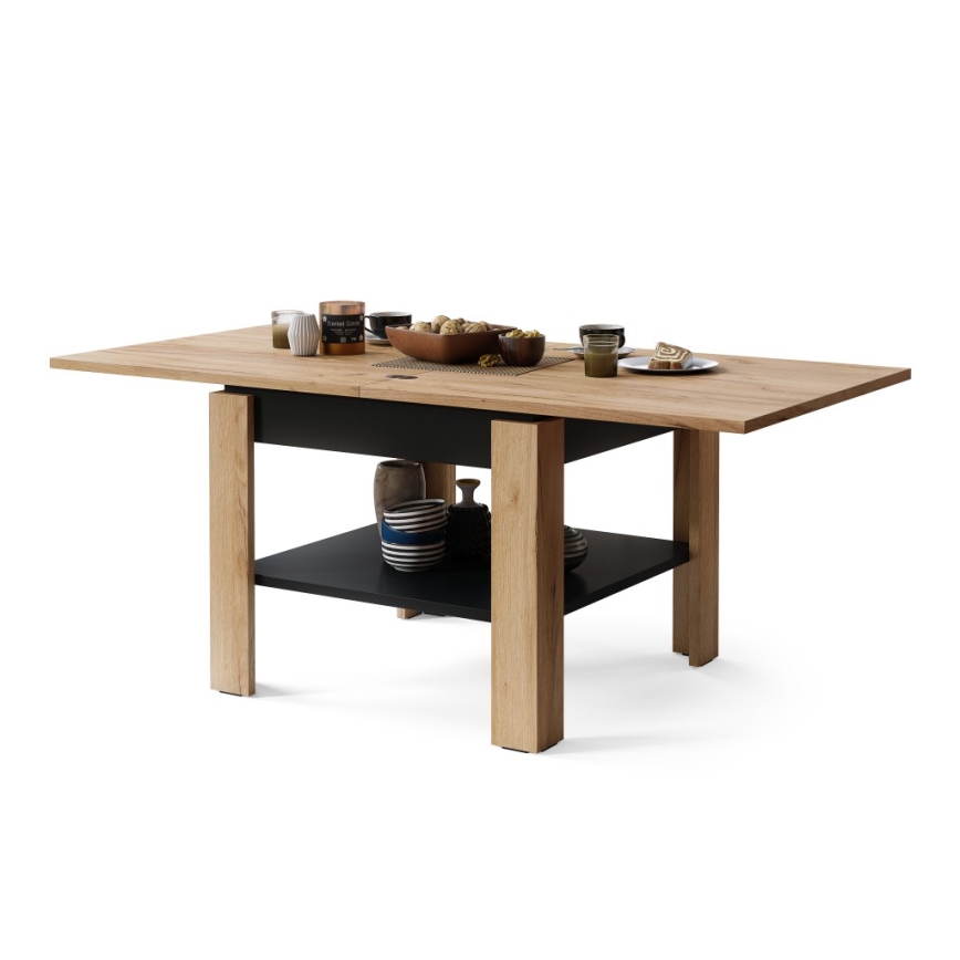 Раскладной кофейный/обеденный стол с полкой для хранения LIA дуб крафт/черный