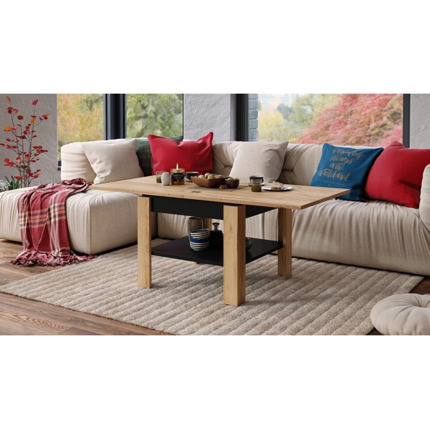 Раскладной кофейный/обеденный стол с полкой для хранения LIA дуб крафт/черный