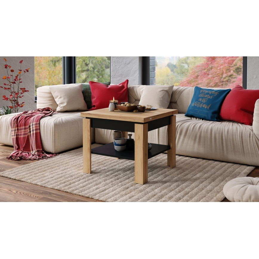 Раскладной кофейный/обеденный стол с полкой для хранения LIA дуб крафт/черный