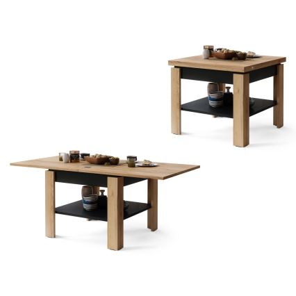 Раскладной кофейный/обеденный стол с полкой для хранения LIA дуб крафт/черный