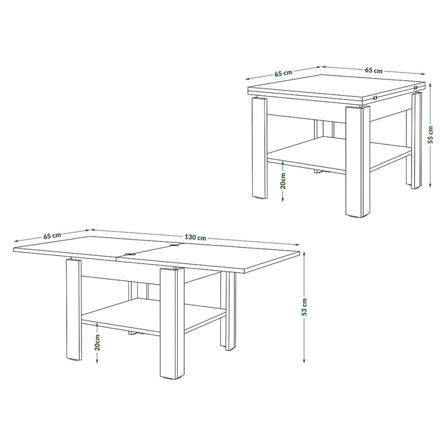 Раскладной кофейный/обеденный стол с полкой для хранения LIA дуб крафт/черный