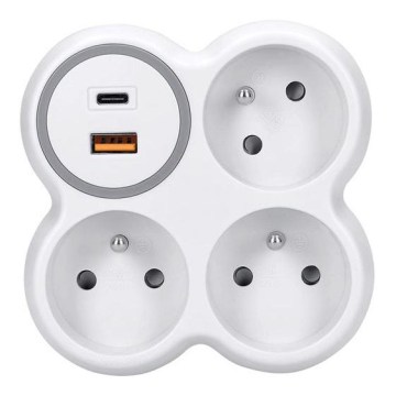 Разветвитель 3x 16A + USB A+C быстрое зарядное устройство 20W