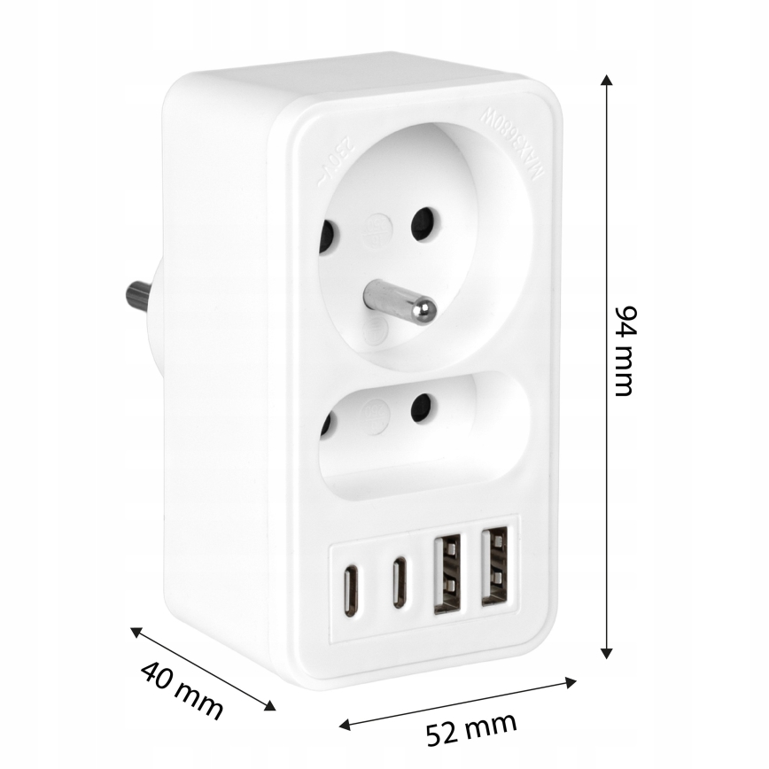 Разветвитель с 2 розетками + 2xUSB-C + 2xUSB-A