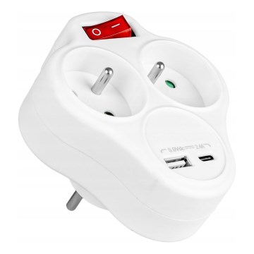 Разветвитель с выключателем, 2 розетки + USB-C + USB-A