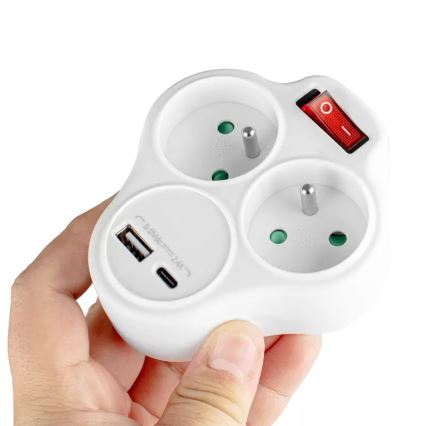Разветвитель с выключателем, 2 розетки + USB-C + USB-A
