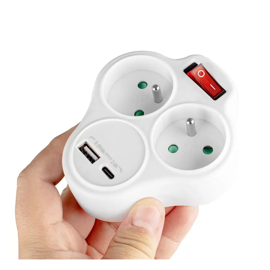 Разветвитель с выключателем, 2 розетки + USB-C + USB-A