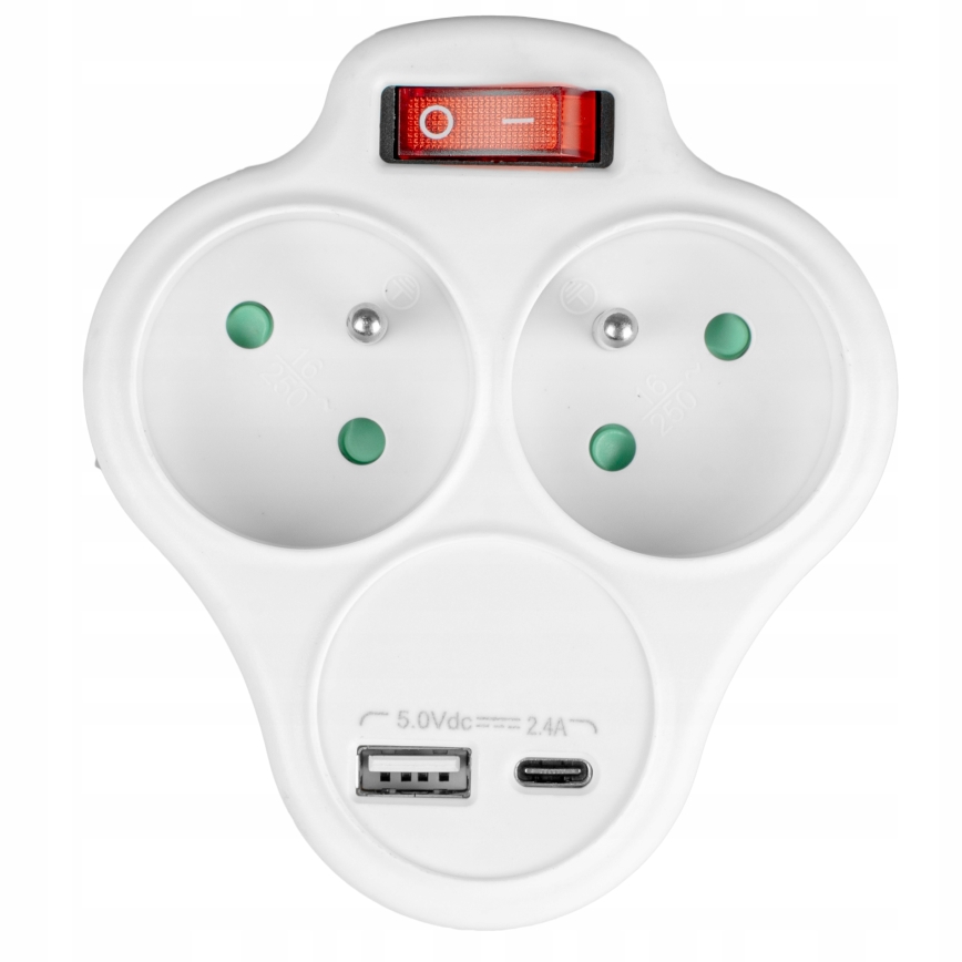 Разветвитель с выключателем, 2 розетки + USB-C + USB-A