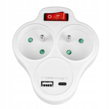 Разветвитель с выключателем, 2 розетки + USB-C + USB-A