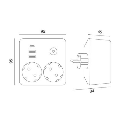 Разветвитель с выключателем LINEA, 2×230 В + 3× USB A/C, Schuko, чёрный