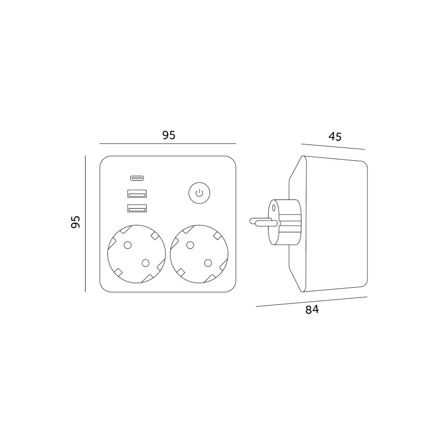 Разветвитель с выключателем LINEA, 2×230 В + 3× USB A/C, Schuko, чёрный
