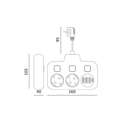 Разветвитель с выключателем LINEA 2×230 В + 4× USB (Type-A/Type-C) SCHUKO чёрный