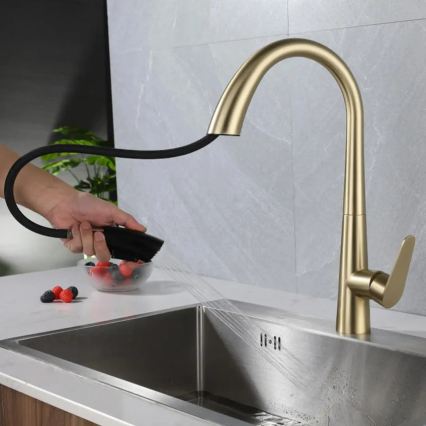 REA-B5312 - Кухонный смеситель для мойки ROSS с выдвижной лейкой, 43 см, сатинированное золото