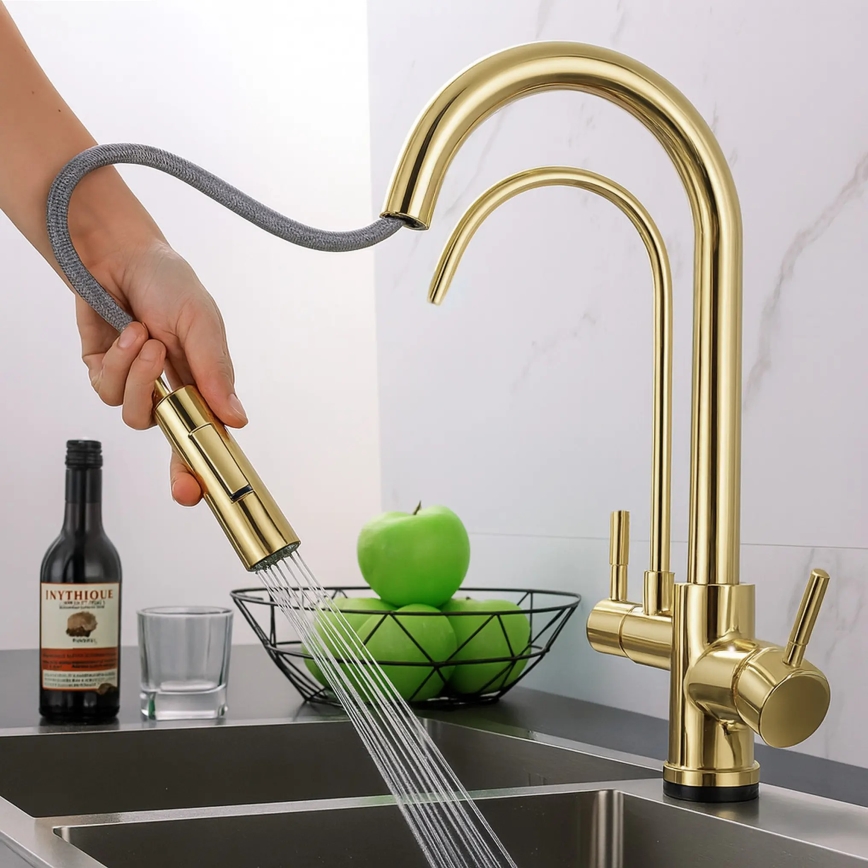 REA-B8989 - Кухонный смеситель с выдвижной лейкой и фильтрацией ECO FRESH 37,5 cm золотой