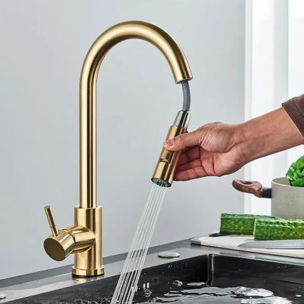 REA-B9148 - Змішувач для мийки FRESH з висувною лійкою, 39,5 см, шліфоване золото