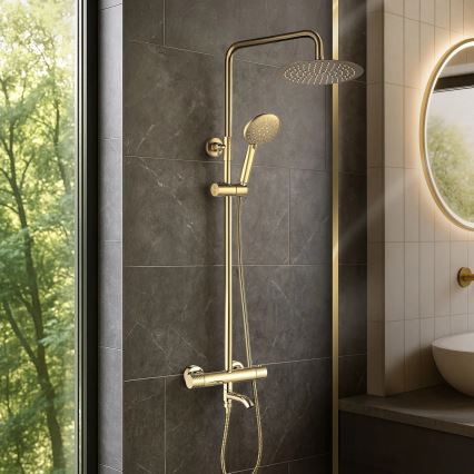 REA-P5960 - Душевой комплект с термостатным смесителем LUNGO DIAMOND золотой