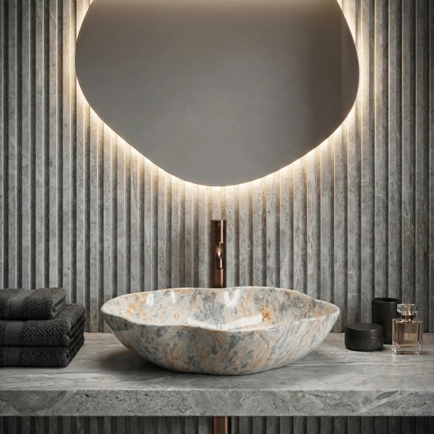 REA-U0620 - Накладная раковина PEARL 38x50,5 cm, керамическая, серая/бежевая, имитация камня