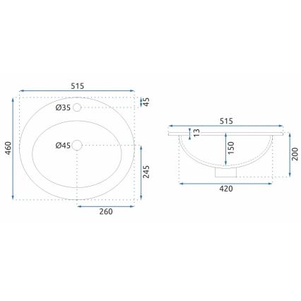 REA-U4122 - Встраиваемый умывальник DALIA 46x51,5 см керамика/глянцево-белый