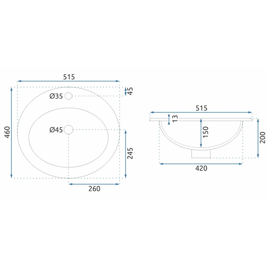 REA-U4122 - Встраиваемый умывальник DALIA 46x51,5 см керамика/глянцево-белый