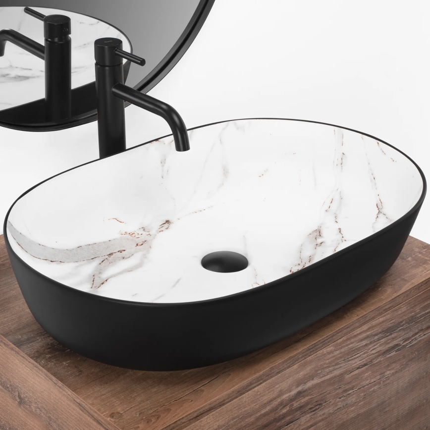 REA-U6625 - Накладная раковина CLEO 41x60,5 см керамика/чёрная/белая/мраморный декор