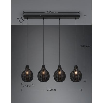 Reality - Подвесной светильник на шнуре SPROUT 4xE14/30W/230V черный/ротанг