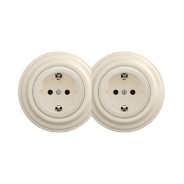 Reblig - Двойная ретро-розетка для дома с рамкой SCHUKO 230V бежевого цвета