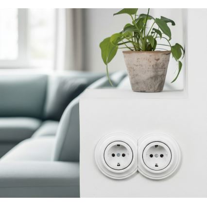 Reblig - Двойная ретро-розетка для дома в рамке SCHUKO 230V, снежно-белая