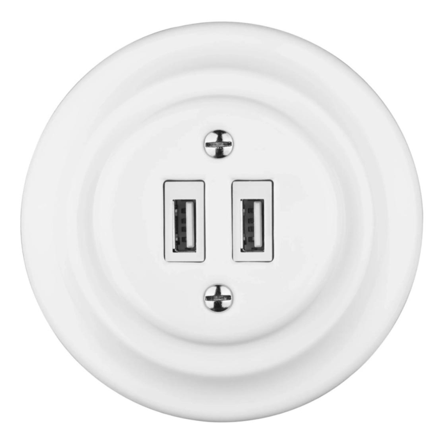 Reblig - Фарфоровая ретро-розетка с рамкой, 2x USB-A, белая