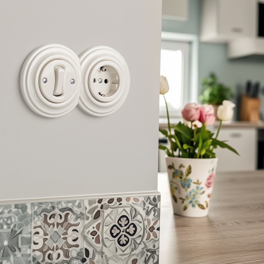 Reblig - Ретро однополюсный выключатель №1 и розетка SCHUKO 230 В с рамкой, бежевый