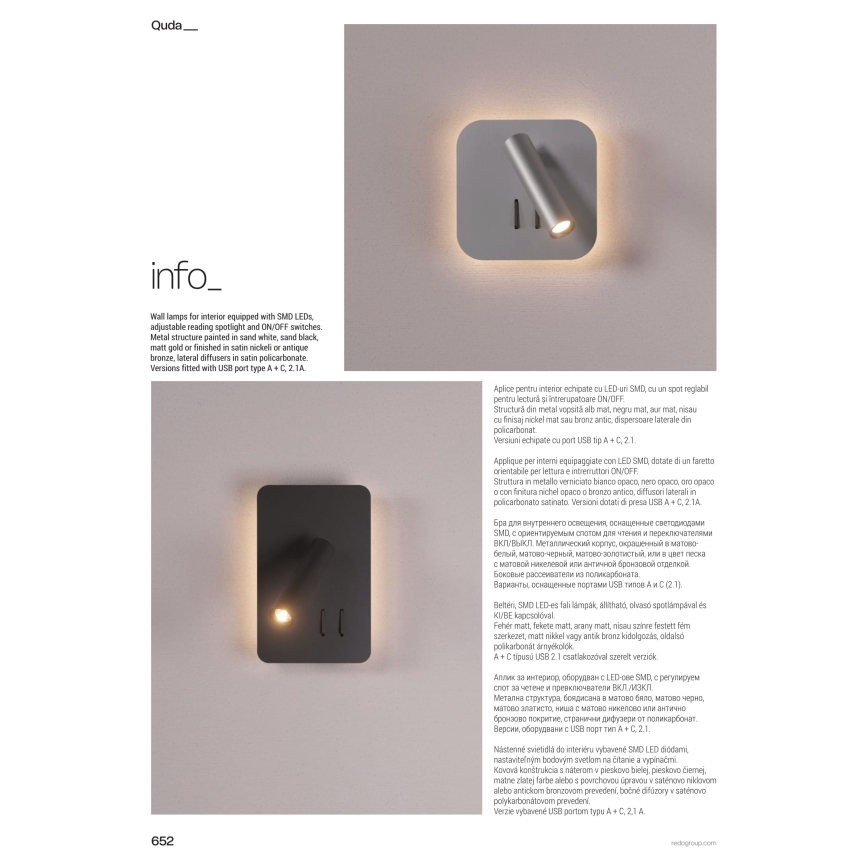 Redo 01-1491 - настенный LED‑светильник QUDA, LED 6 Вт/230 В + LED 3 Вт, CRI 90, белый