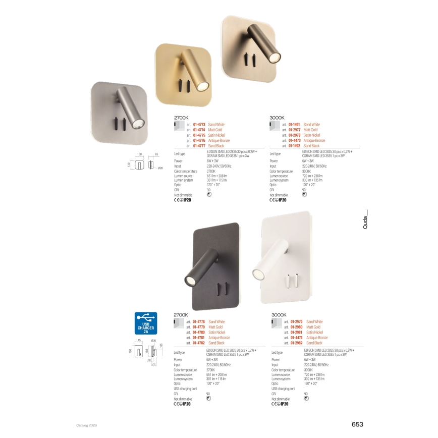 Redo 01-1492 - LED настінний світильник QUDA LED/6W/230V + LED/3W CRI 90 чорний