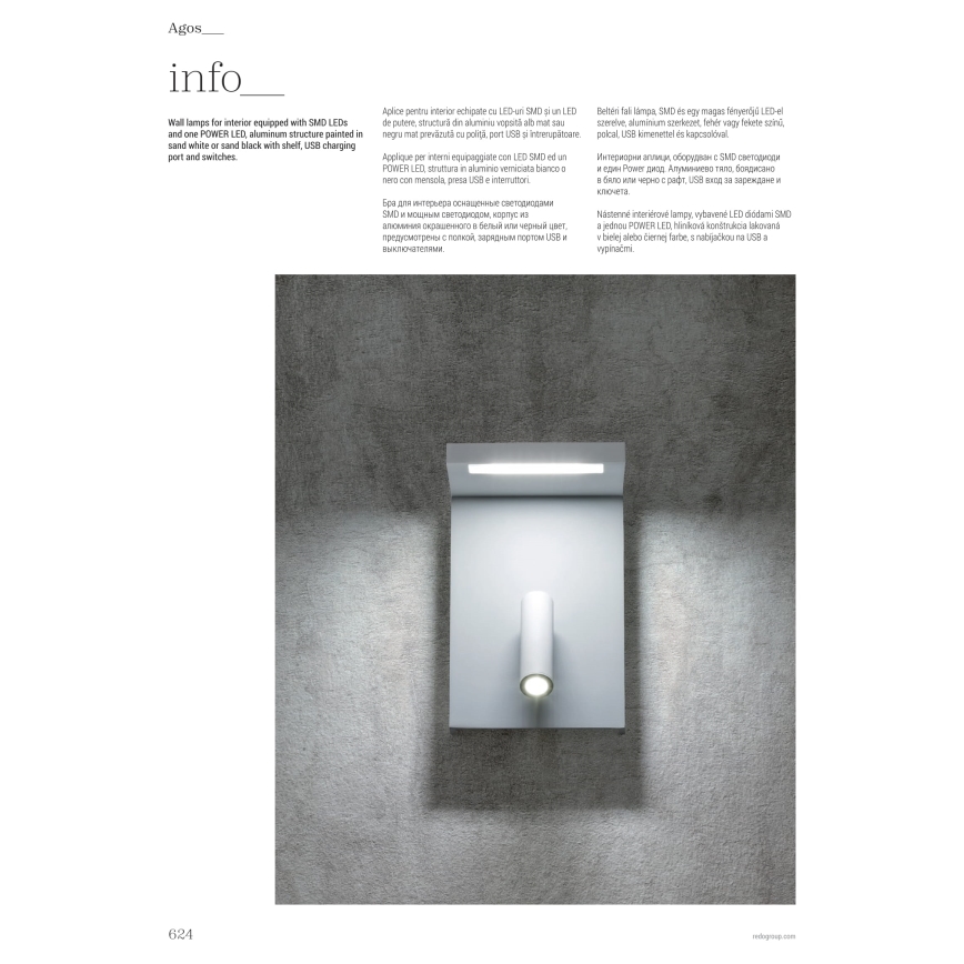 Redo 01-1499 - Світлодіодний настінний точковий світильник AGOS LED/6W/230V + LED/3,2W USB білий