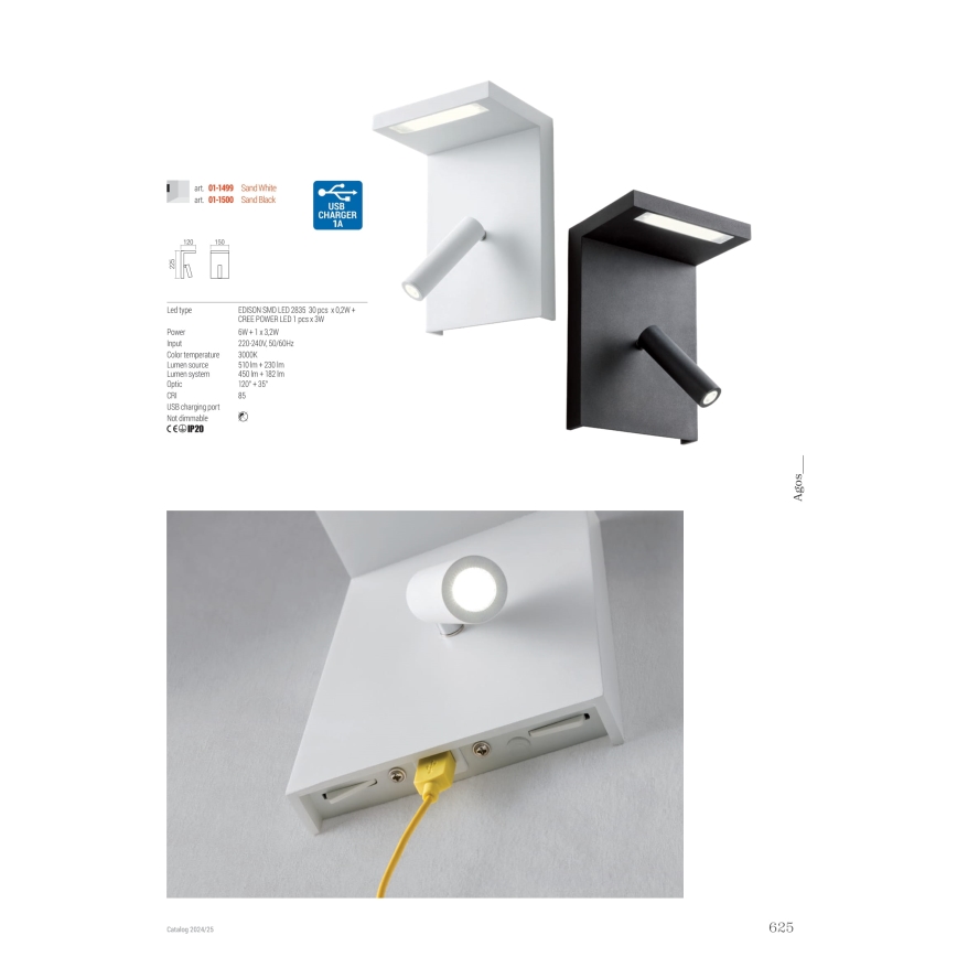 Redo 01-1499 - Світлодіодний настінний точковий світильник AGOS LED/6W/230V + LED/3,2W USB білий