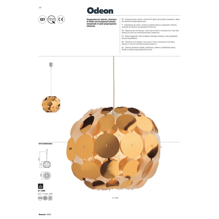 Redo 01-1508 - Підвісна люстра ODEON 1xE27/42W/230V діаметр 36 см золотий