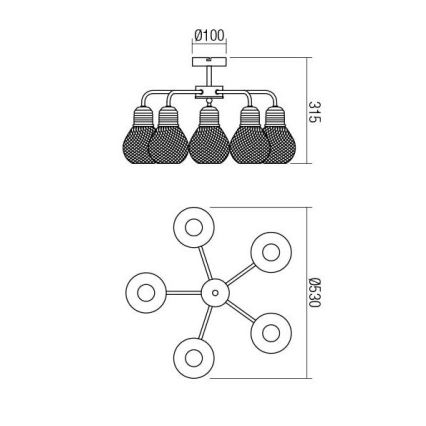 Redo 01-1577 - Люстра на штанге EDISON 5×E27, 42 Вт, 230 В, диаметр 53 см, чёрный/медный