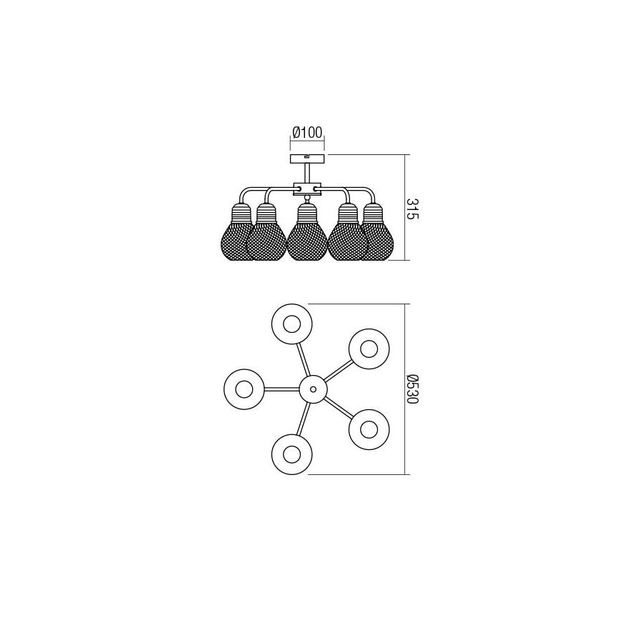 Redo 01-1577 - Люстра на штанге EDISON 5×E27, 42 Вт, 230 В, диаметр 53 см, чёрный/медный
