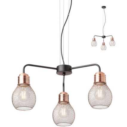 Redo 01-1579 - Підвісна люстра на шнурі EDISON 3xE27/42W/230V діам. 53 см чорна/мідна