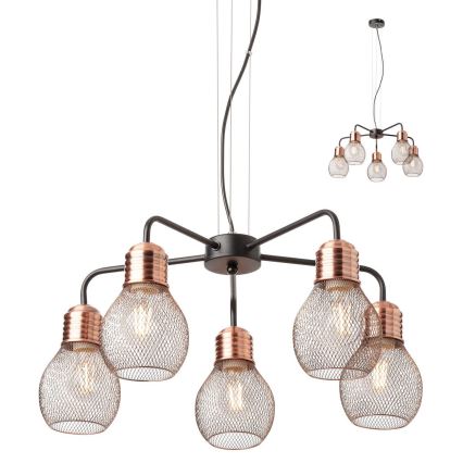 Redo 01-1580 - Подвесная люстра на тросе EDISON 5xE27/42W/230V, диам. 53 см, черная/медная