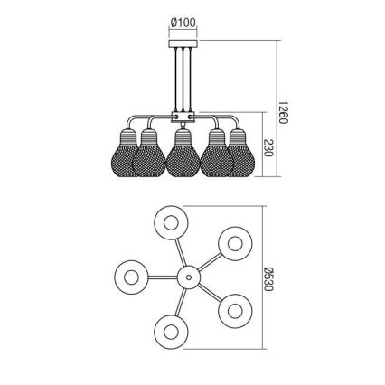 Redo 01-1580 - Подвесная люстра на тросе EDISON 5xE27/42W/230V, диам. 53 см, черная/медная