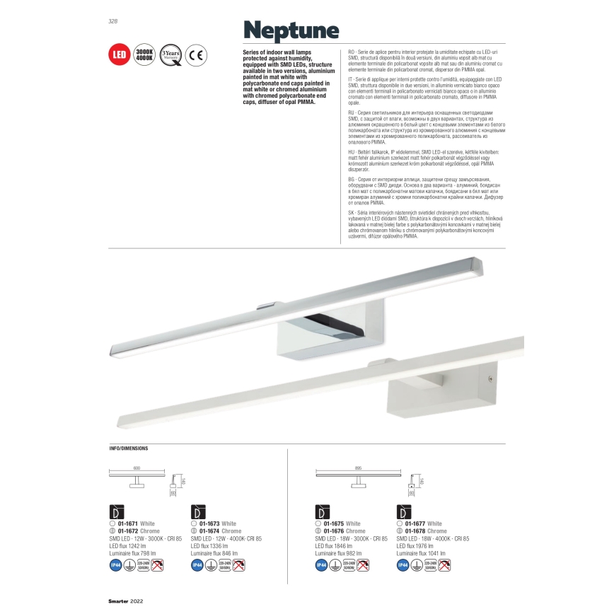 Redo 01-1677 - Светодиодная подсветка для зеркала в ванной комнате NEPTUNE 1xLED/18W/230V IP44