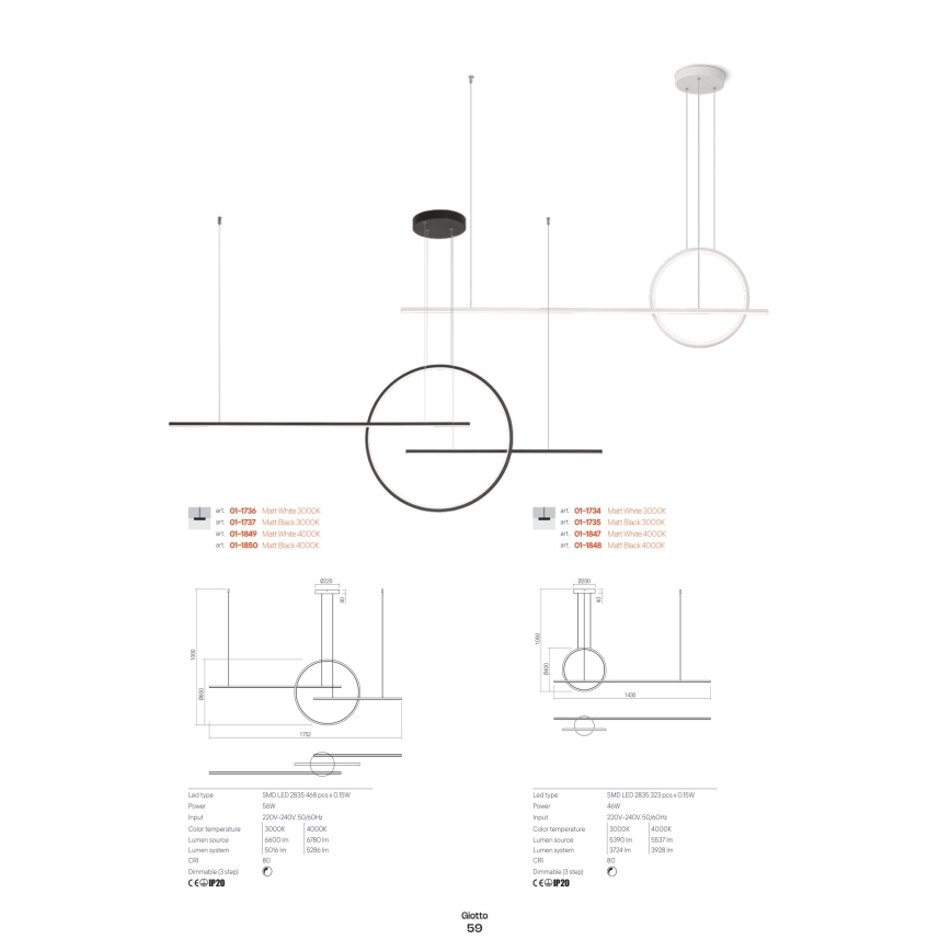 Redo 01-1734 - Светодиодная подвесная люстра с регулированием яркости GIOTTO LED/46W/230V белый