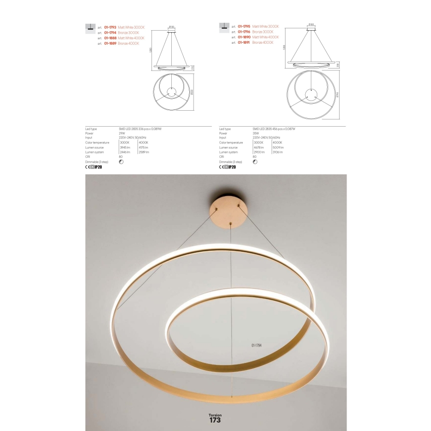 Redo 01-1890 - LED диммируемая подвесная люстра на тросе TORSION LED/35W/230V 4000K Ø 75 см белая
