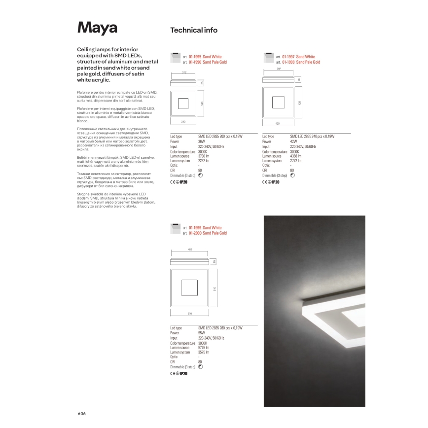 Redo 01-1998 - димований LED-стельовий світильник MAYA LED/42W/230V 42,5x42,5 см золотистий