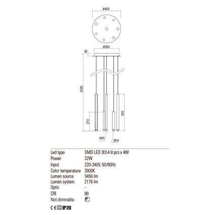 Redo 01-2050 - Світлодіодна підвісна люстра MADISON 8xLED/4W/230V золотистий