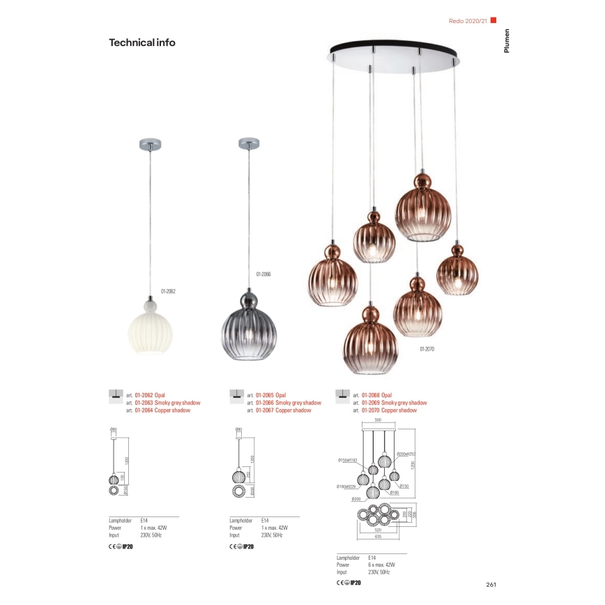 Redo 01-2070 - Підвісна люстра PLUMEN 6xE14/42W/230V мідь